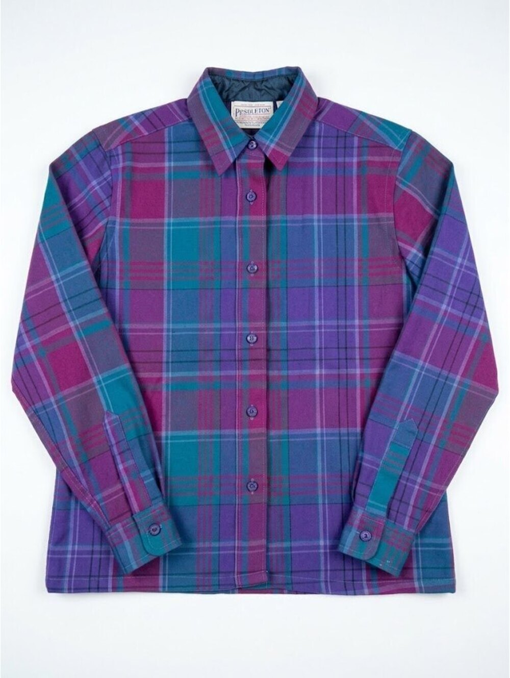 Vintage 70s Pendleton Women SM Virgin Wool Plaid Button Up Shirt USA Purple Teal